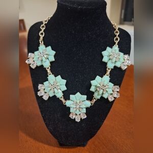 J.Crew Rhinestone Statement Mint Green Color Necklace With Gold Tone Chain